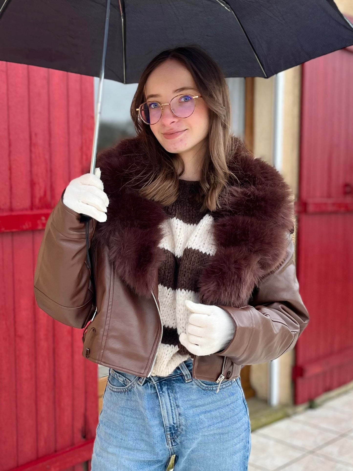 Manteau similicuir fourrure - marron