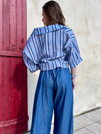 Pantalon large bas broderie - bleu jeans