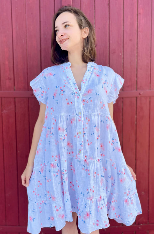 Robe fleurie gaze de coton - blanc