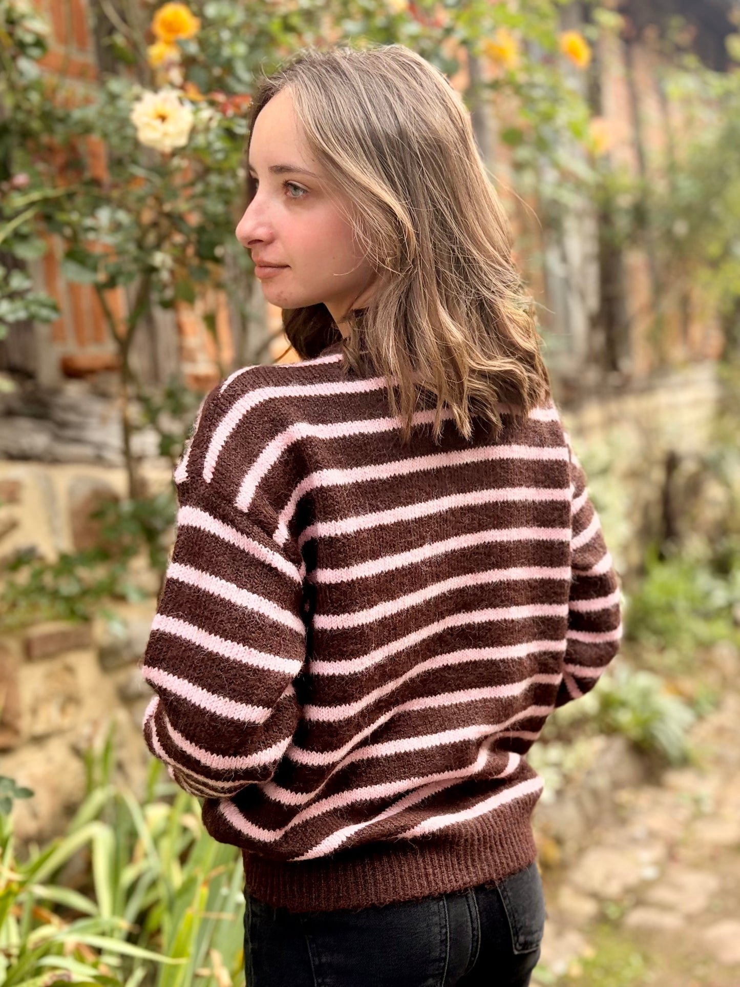 Gilet à rayures - marron et rose