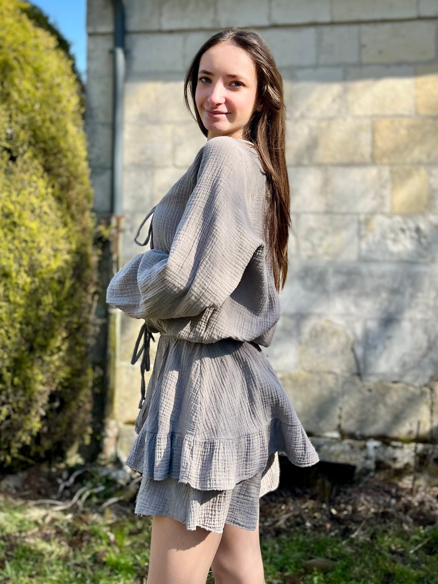 Combishort en gaze de coton - taupe