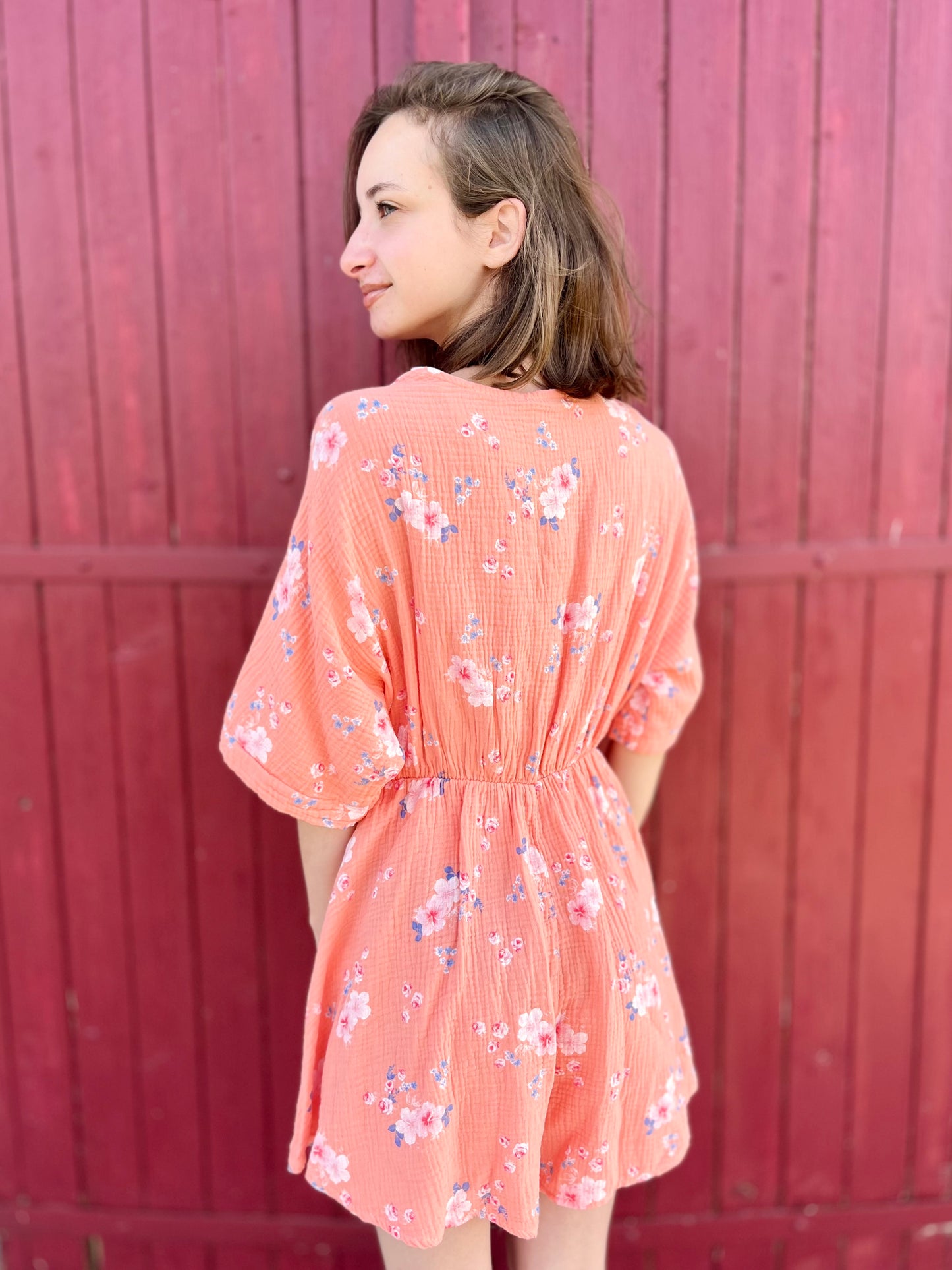 Combi-short fleurie gaze de coton - orange