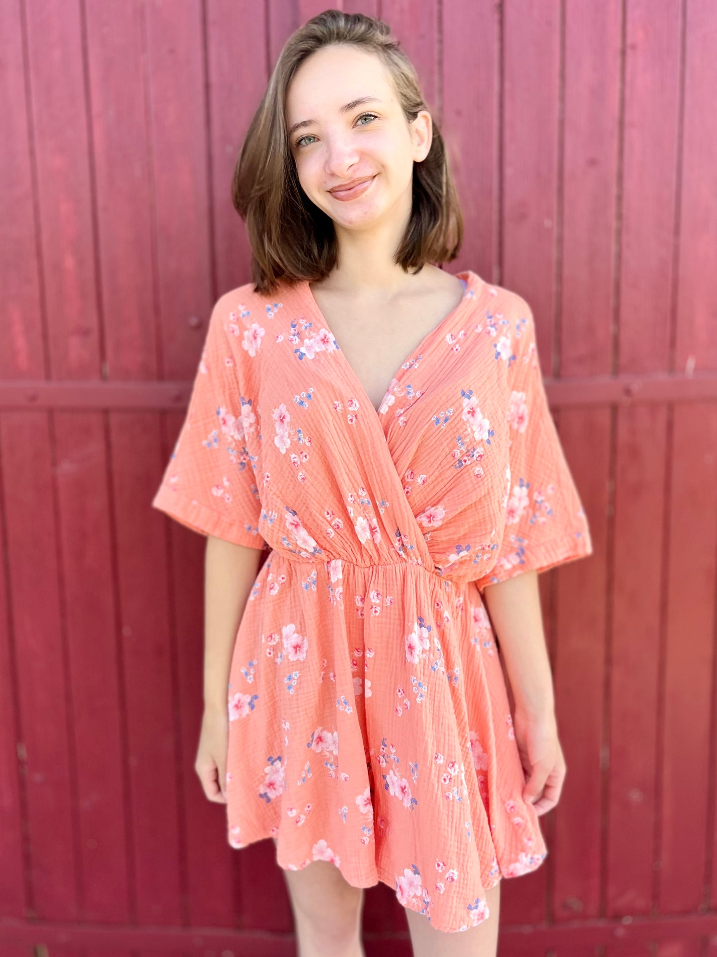 Combi-short fleurie gaze de coton - orange