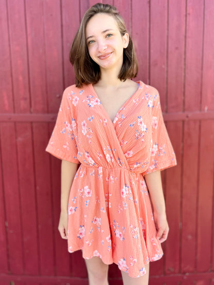 Combi-short fleurie gaze de coton - orange