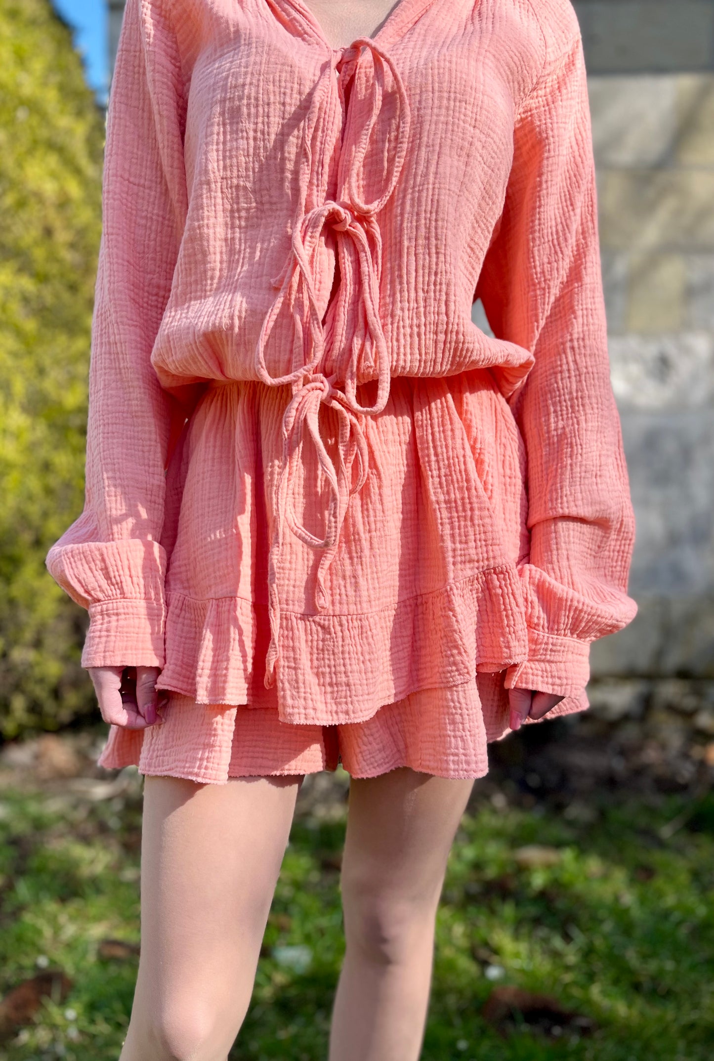 Combishort en gaze de coton - corail