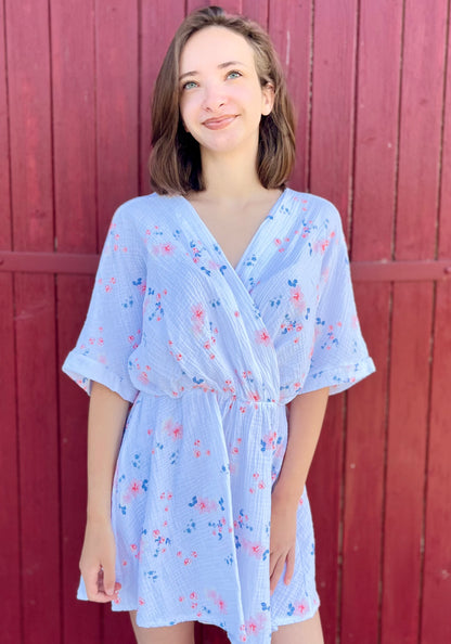 Combi-short fleurie gaze de coton - blanc