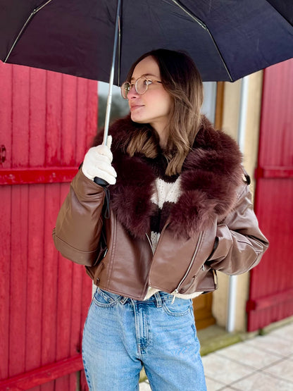 Manteau similicuir fourrure - marron