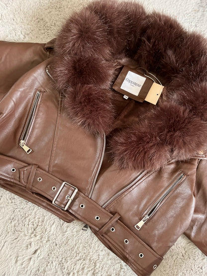 Manteau similicuir fourrure - marron