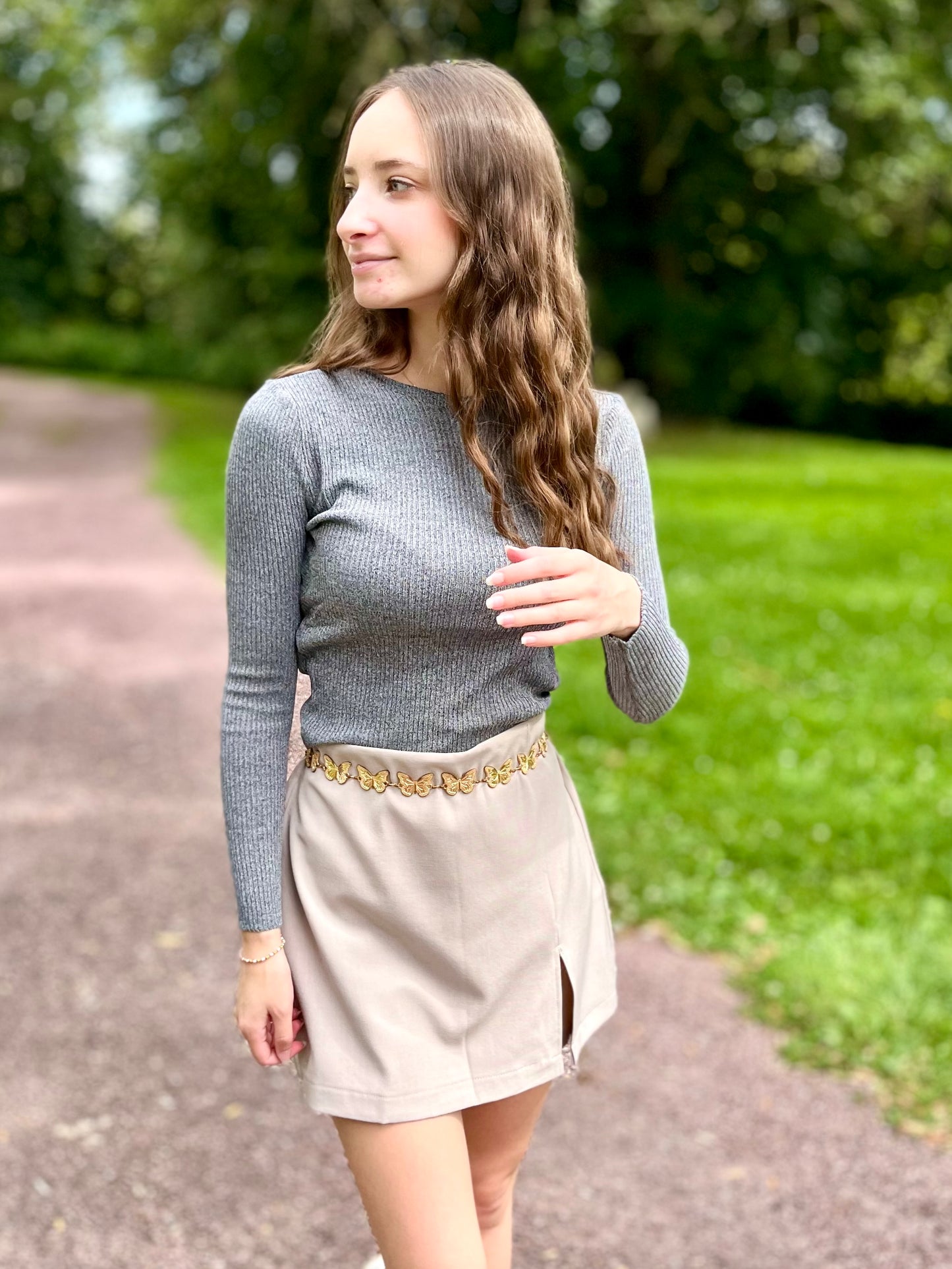 Top maille col rond - gris foncé