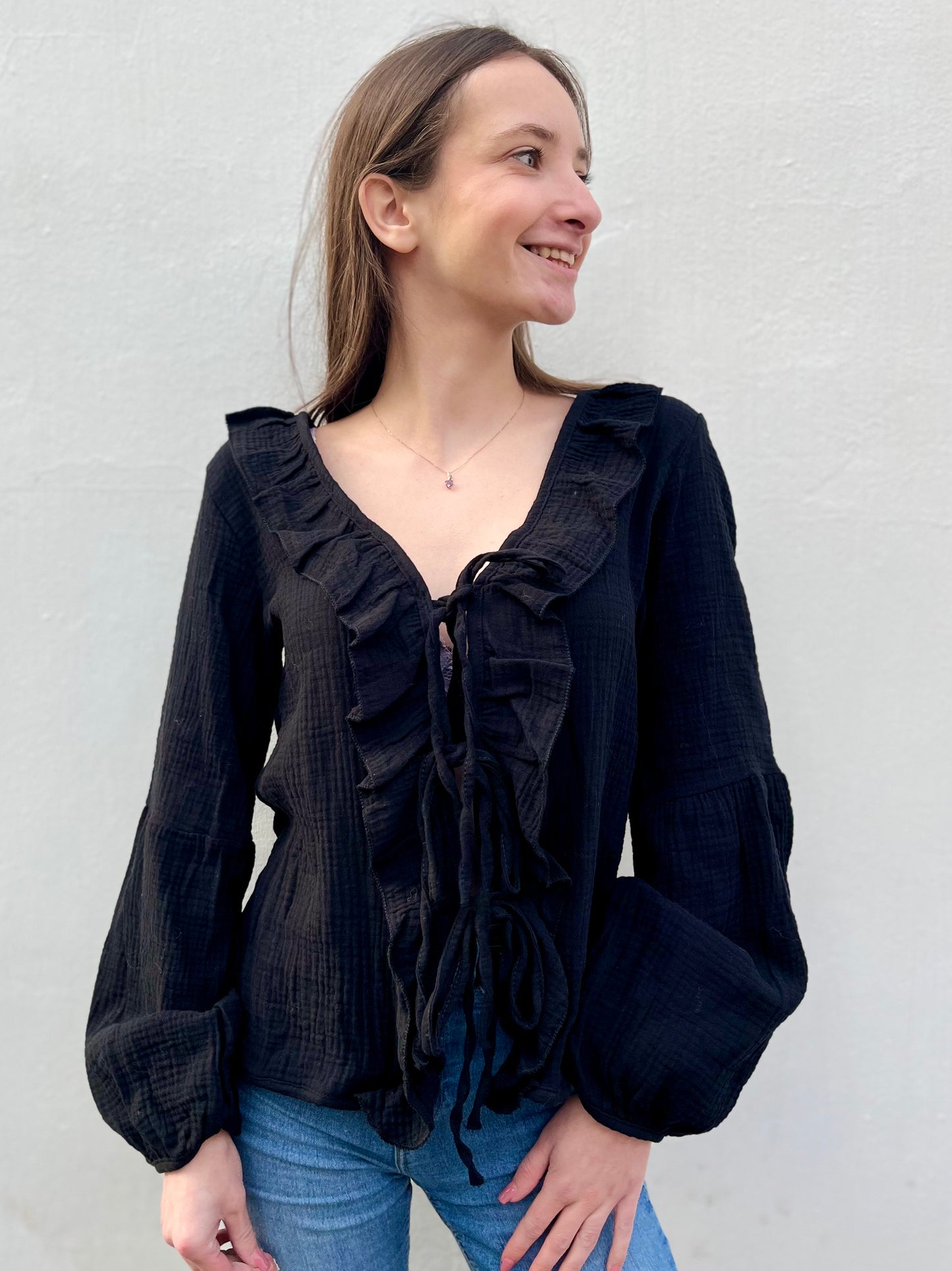 Blouse à noeud en coton - noir