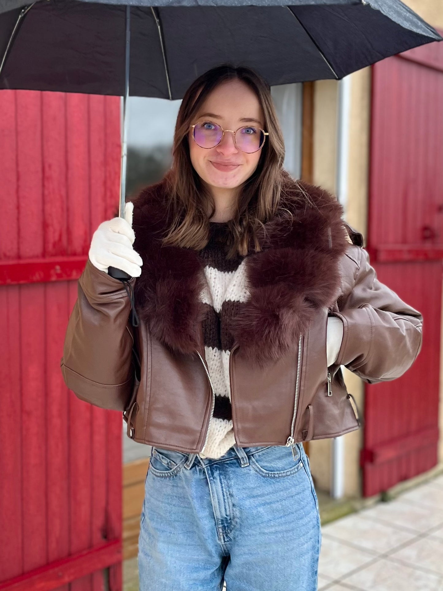 Manteau similicuir fourrure - marron