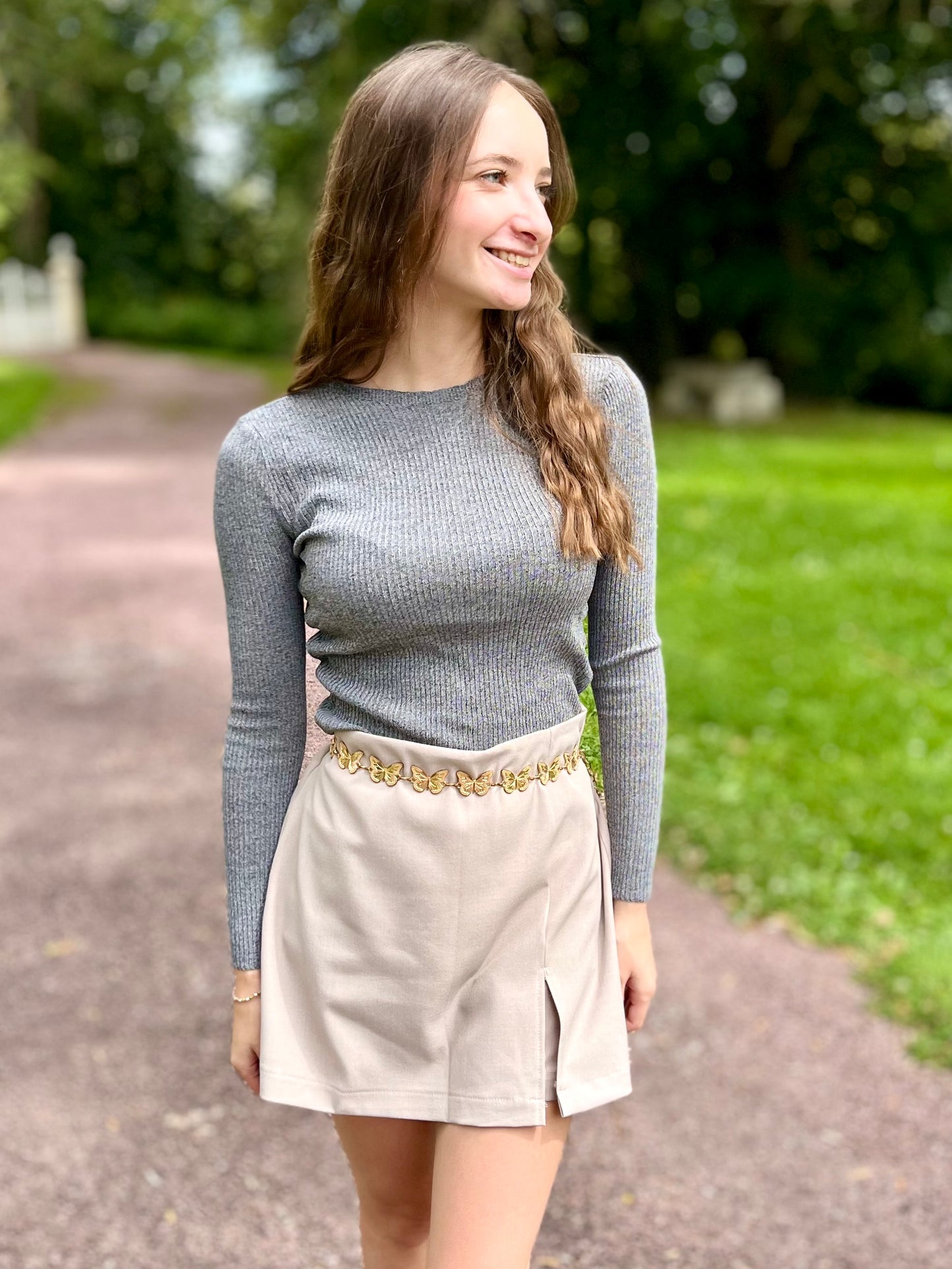 Top maille col rond - gris foncé