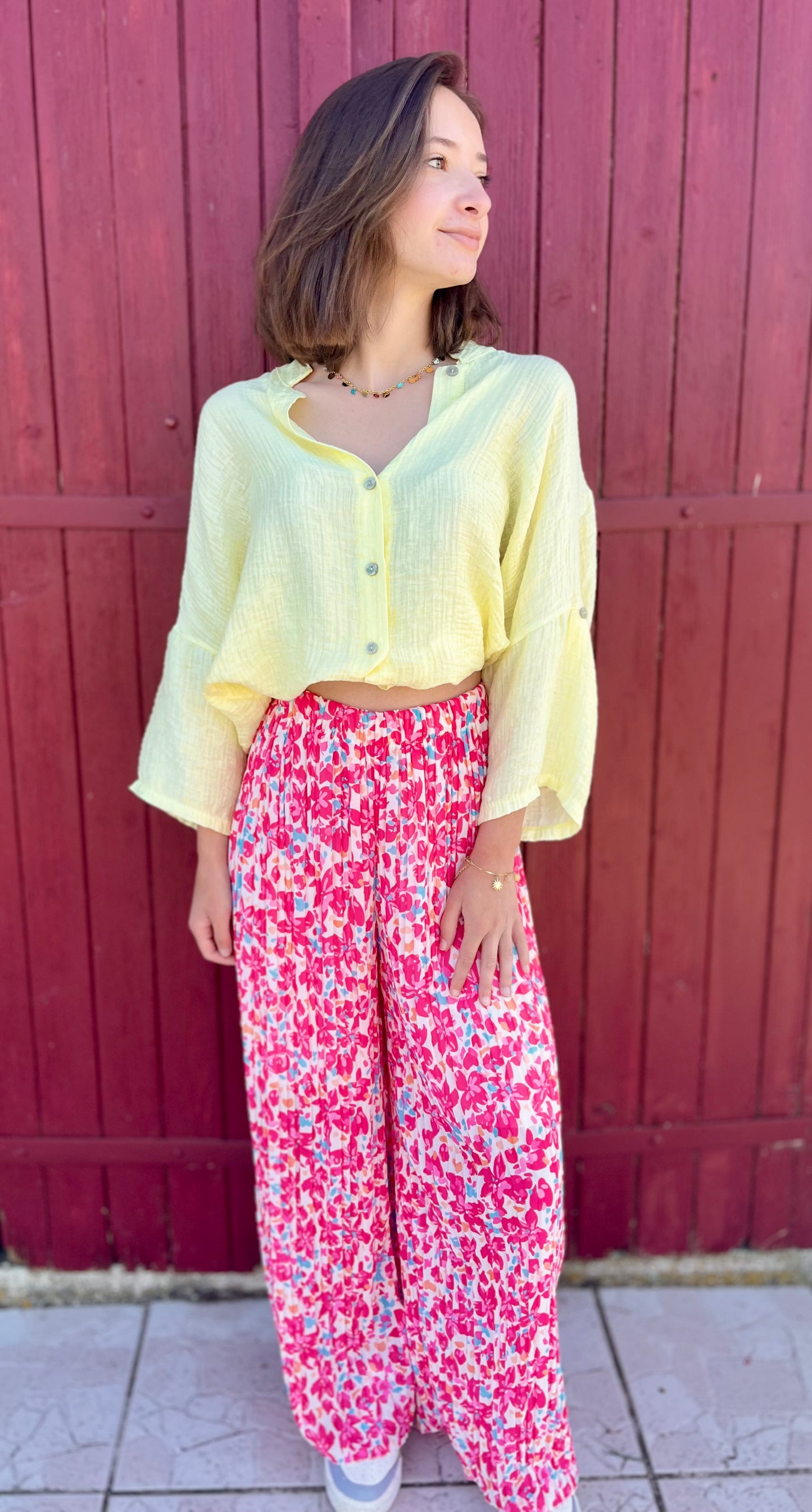 Pantalon plissé à motifs - rose fuchsia