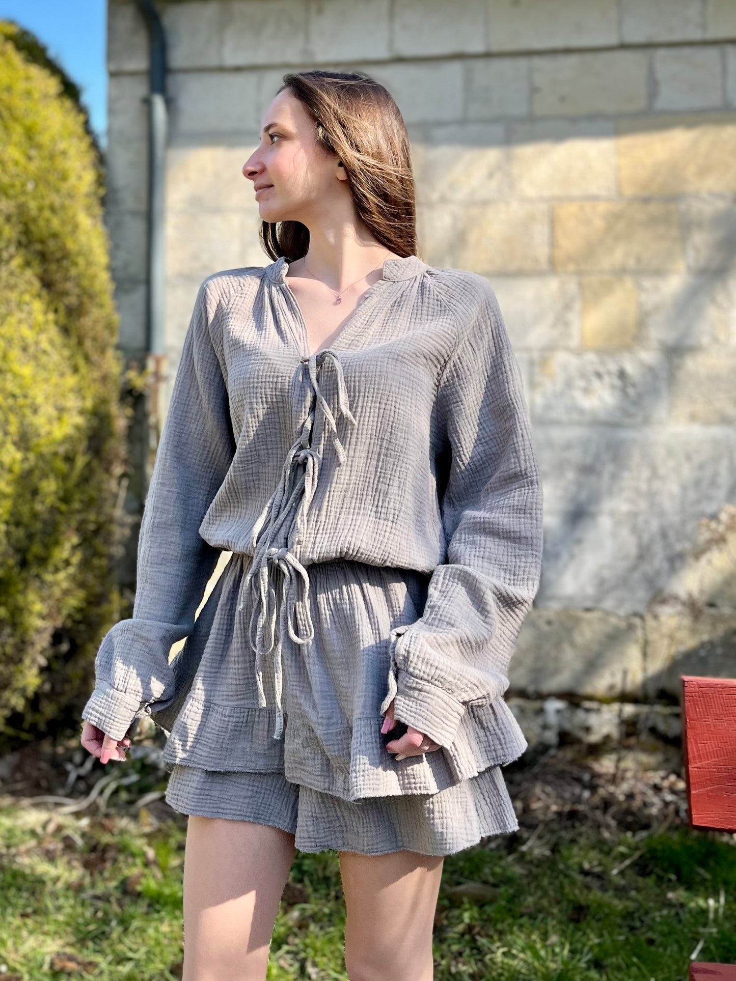 Combishort en gaze de coton - taupe